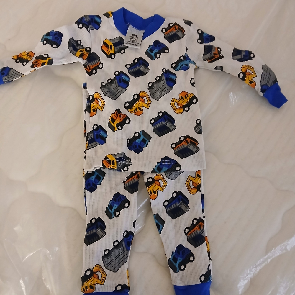 Kids Construction Vehicle Pajama Set - Blue and White